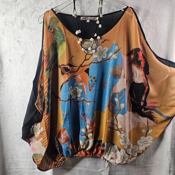 KU2 Kokomo Unlimited Blouse and Necklace Women Size L Silk Blossom Open Shoulder - Picture 1 of 13